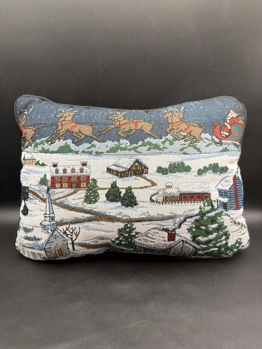 Vintage Christmas Tapestry Pillow Santa Sleigh Reindeer Winter Village 16” x 12”